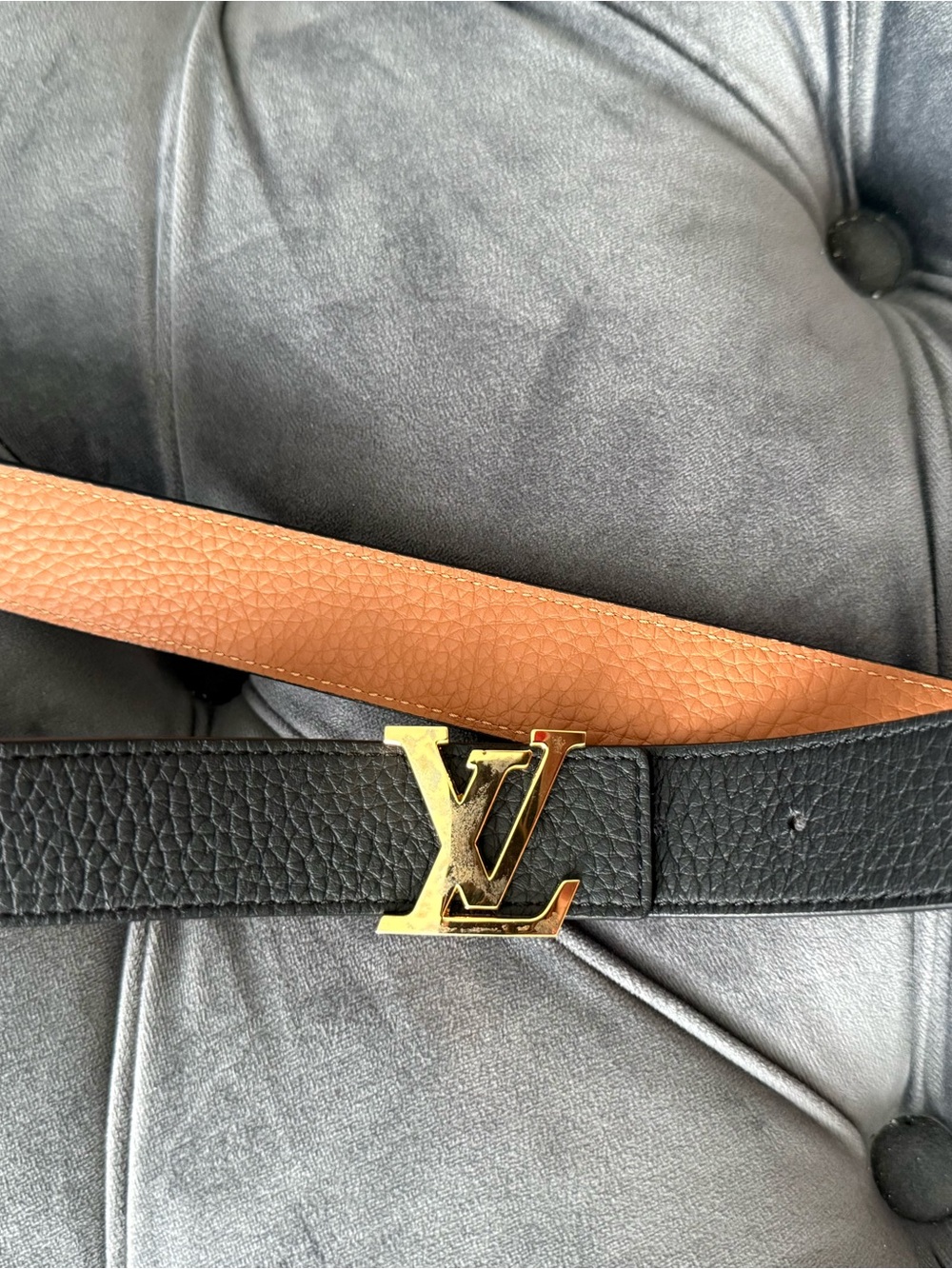 Louis Vuitton Black and Tan Reversible Belt with Gold LV Buckle